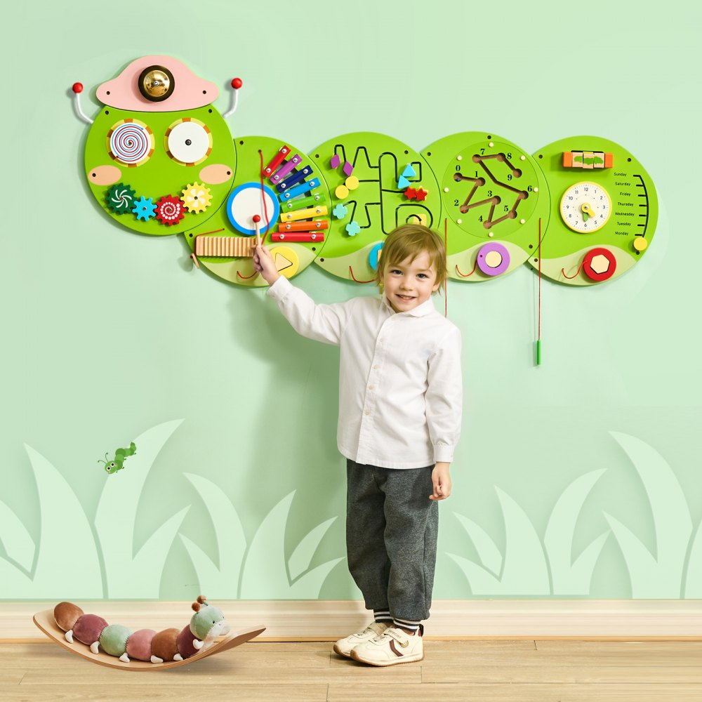 VEVOR Caterpillar Activity Wall Busy Board Panels, 12 Activities, Montessori Sensory Wall Toy for Kids 3-12 Years
