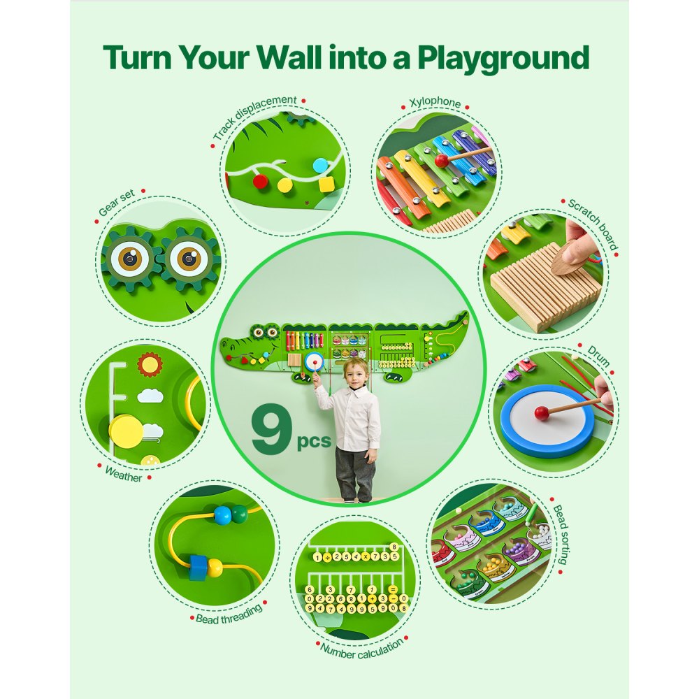 VEVOR Crocodile Activity Wall Busy Board Panels, 9 Activities, Montessori Sensory Wall Toy for Kids 3-12 Years