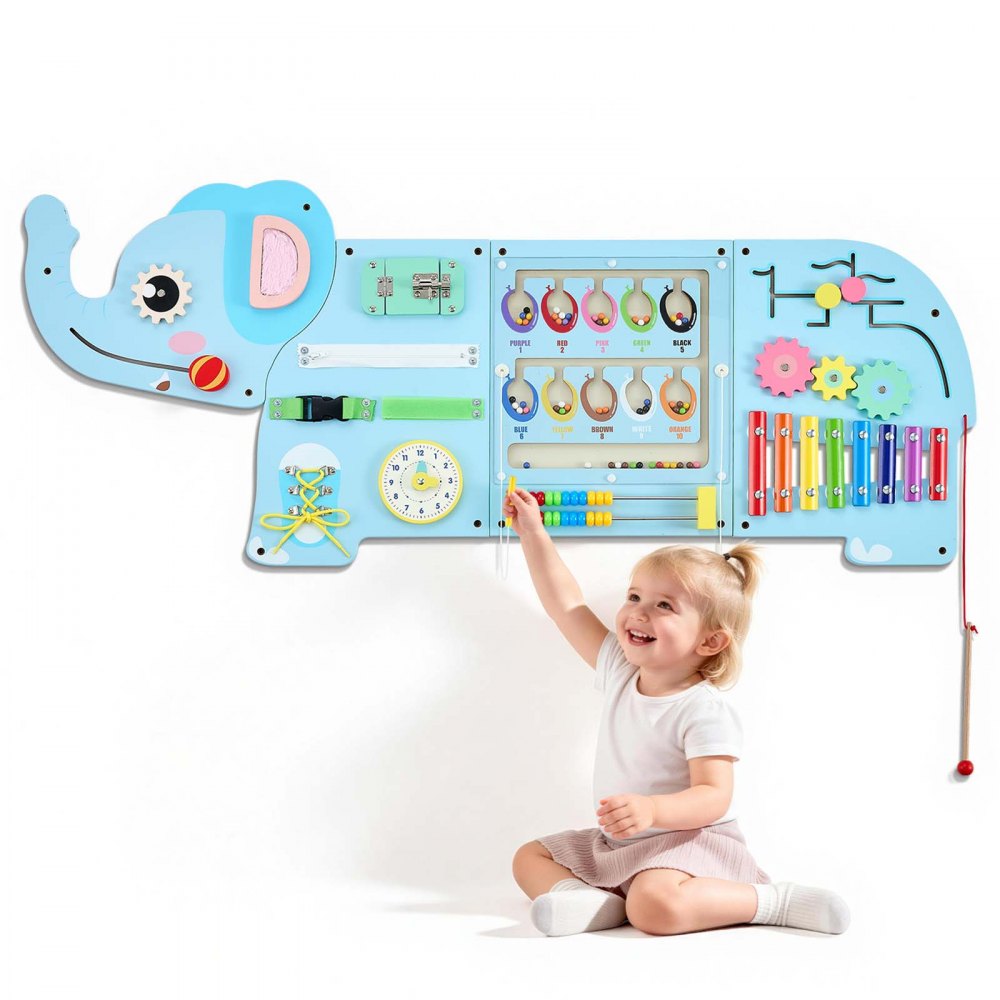 VEVOR Wall Busy Board, 14-in-1 Elephant Montessori Sensory Activity Panels, Learning Activity Center for Daycare