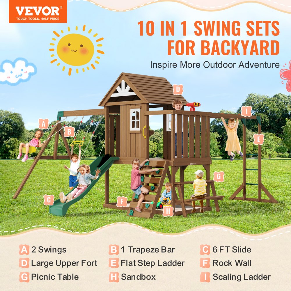 VEVOR Wooden Swing Set, 10 IN 1 Playground Sets for Backyards, 2 Swings, Trapeze Bar, 6FT Slide, Large Upper Fort with