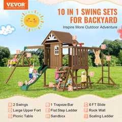 VEVOR Wooden Swing Set, 10 IN 1 Playground Sets for Backyards, 2 Swings, Trapeze Bar, 6FT Slide, Large Upper Fort with
