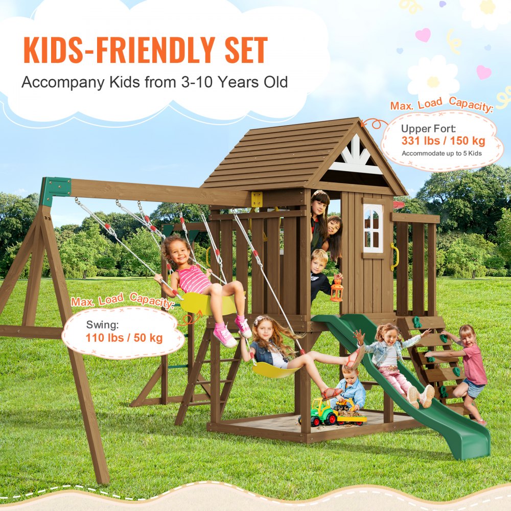 VEVOR Wooden Swing Set, 10 IN 1 Playground Sets for Backyards, 2 Swings, Trapeze Bar, 6FT Slide, Large Upper Fort with