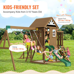 VEVOR Wooden Swing Set, 10 IN 1 Playground Sets for Backyards, 2 Swings, Trapeze Bar, 6FT Slide, Large Upper Fort with
