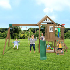 VEVOR Wooden Swing Set, 10 IN 1 Playground Sets for Backyards, 2 Swings, Trapeze Bar, 6FT Slide, Large Upper Fort with