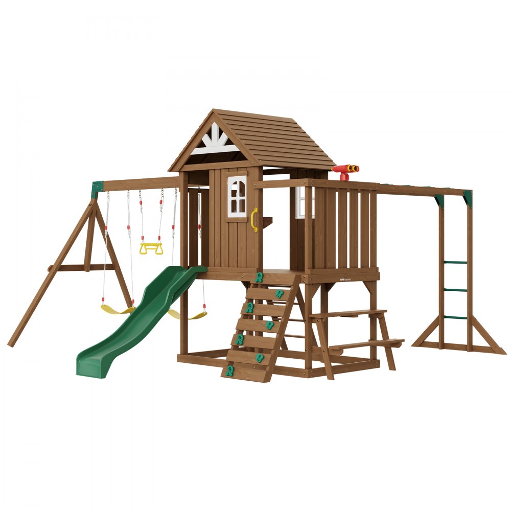 VEVOR Wooden Swing Set, 10 IN 1 Playground Sets for Backyards, 2 Swings, Trapeze Bar, 6FT Slide, Large Upper Fort with