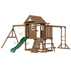 VEVOR Wooden Swing Set, 10 IN 1 Playground Sets for Backyards, 2 Swings, Trapeze Bar, 6FT Slide, Large Upper Fort with