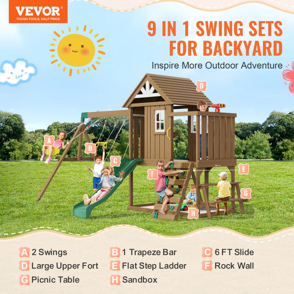 VEVOR Wooden Swing Set, 9 IN 1 Outdoor Playground Sets for Backyards, 2 Swings, Trapeze Bar, 6 FT Slide, Large Upper