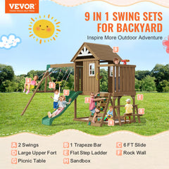 VEVOR Wooden Swing Set, 9 IN 1 Outdoor Playground Sets for Backyards, 2 Swings, Trapeze Bar, 6 FT Slide, Large Upper