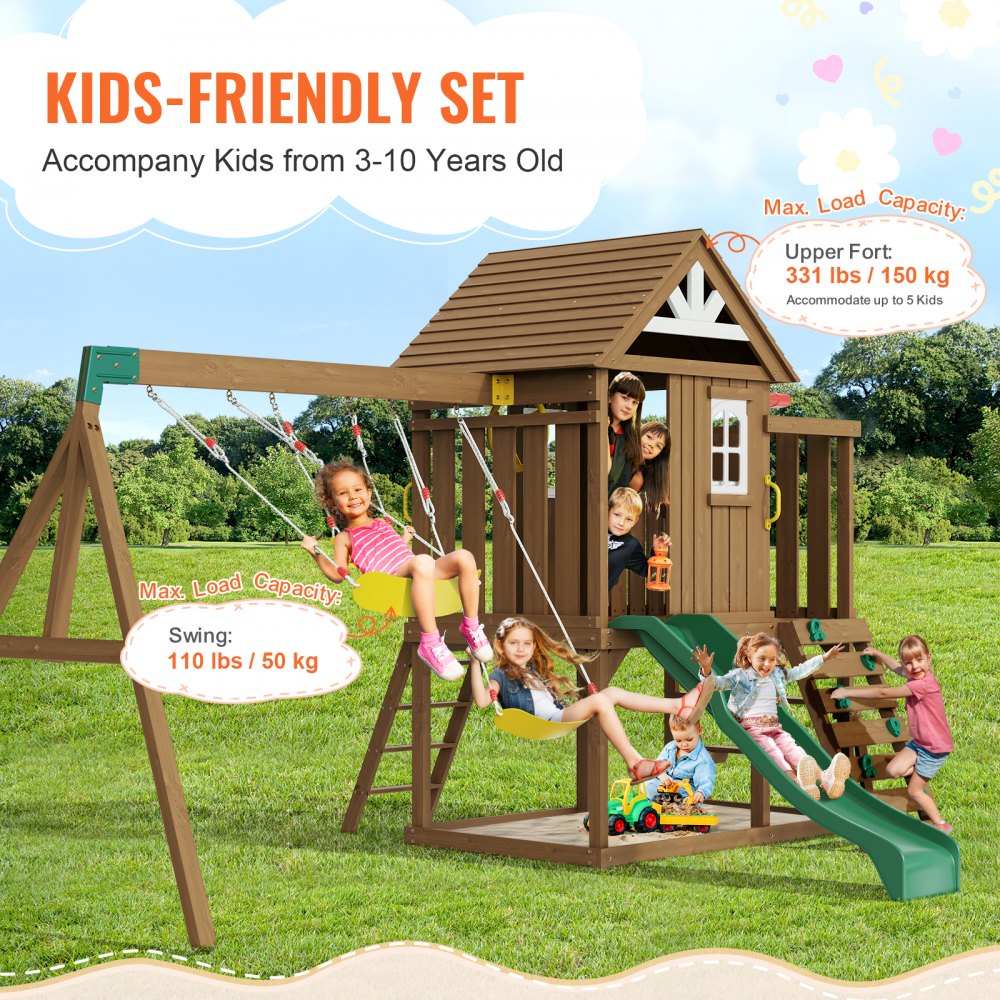VEVOR Wooden Swing Set, 9 IN 1 Outdoor Playground Sets for Backyards, 2 Swings, Trapeze Bar, 6 FT Slide, Large Upper