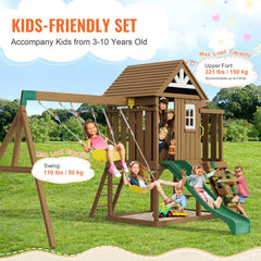 VEVOR Wooden Swing Set, 9 IN 1 Outdoor Playground Sets for Backyards, 2 Swings, Trapeze Bar, 6 FT Slide, Large Upper