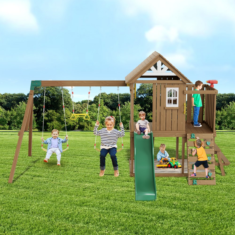 VEVOR Wooden Swing Set, 9 IN 1 Outdoor Playground Sets for Backyards, 2 Swings, Trapeze Bar, 6 FT Slide, Large Upper