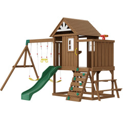 VEVOR Wooden Swing Set, 9 IN 1 Outdoor Playground Sets for Backyards, 2 Swings, Trapeze Bar, 6 FT Slide, Large Upper