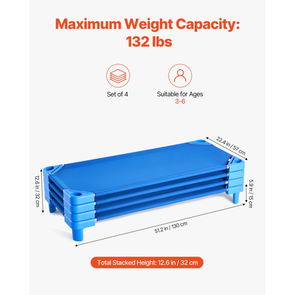 VEVOR Stackable Kiddie Cot, Pack of 4, Portable Toddler Nap Cots, Standard Size 52" L x 23" W Daycare Cots for Kids