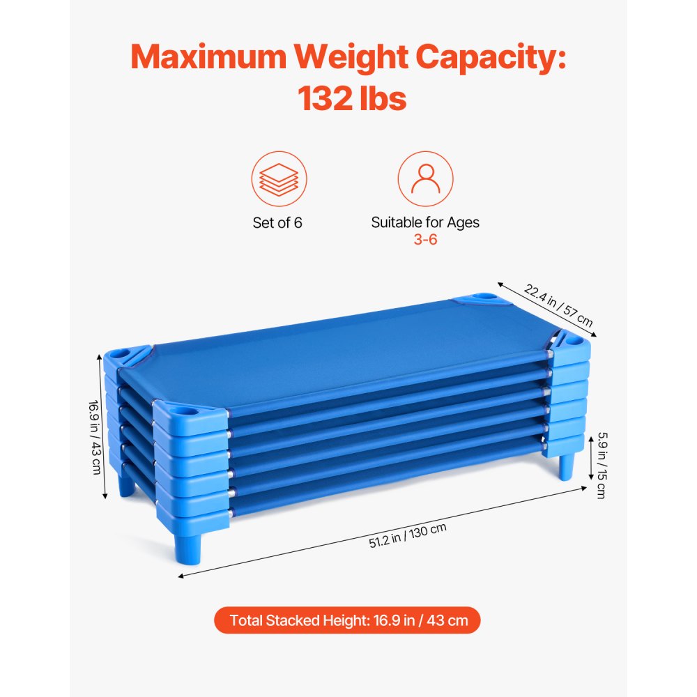 VEVOR Stackable Kiddie Cot, Pack of 6, Portable Toddler Nap Cots, Standard Size 52" L x 23" W Daycare Cots for Kids