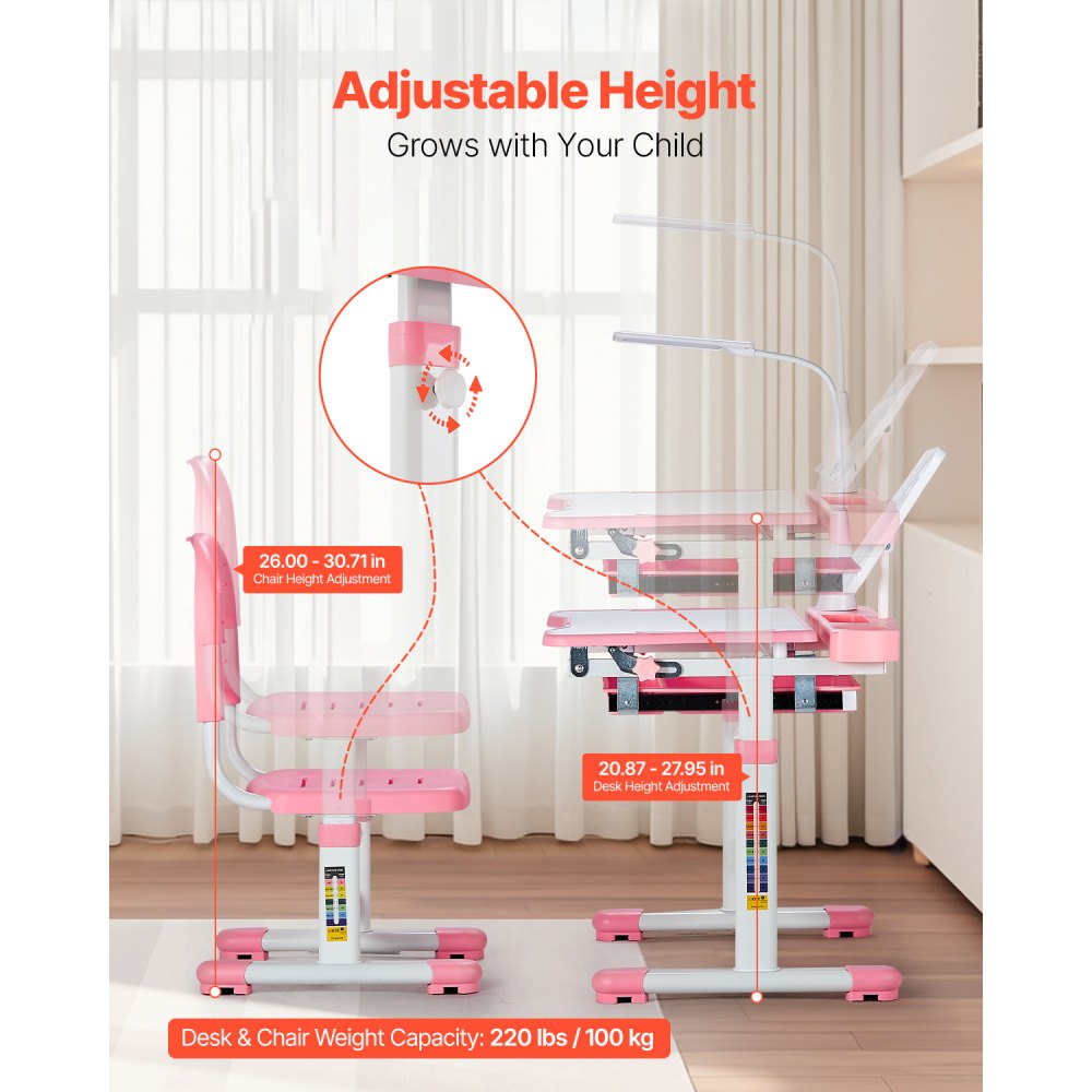 VEVOR Kids Study Chair and Desk Set, Study Desk and Chair for Kids with Table Lamp, Adjustable Height & 0-40° Tilted