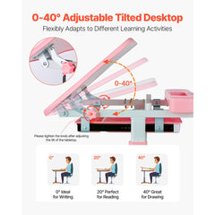 VEVOR Kids Study Chair and Desk Set, Study Desk and Chair for Kids with Table Lamp, Adjustable Height & 0-40° Tilted