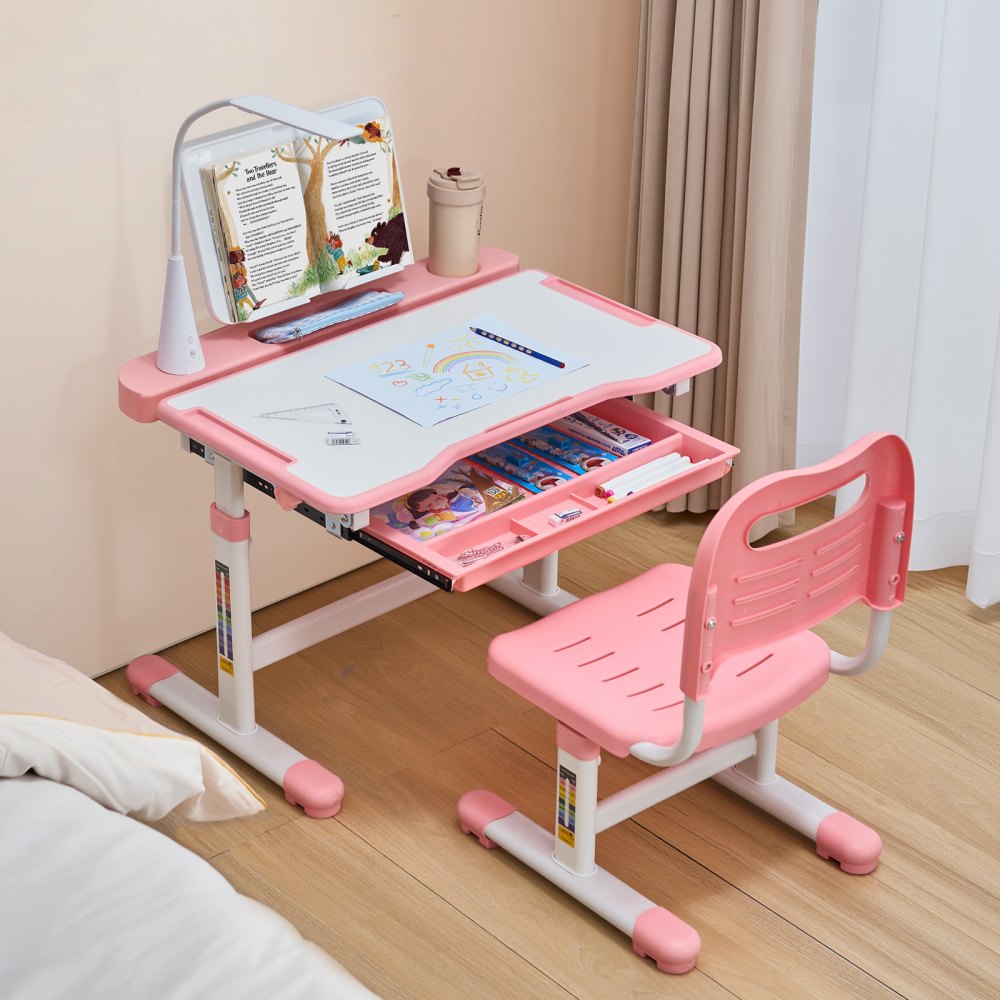 VEVOR Kids Study Chair and Desk Set, Study Desk and Chair for Kids with Table Lamp, Adjustable Height & 0-40° Tilted