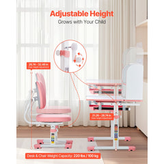 VEVOR Kids Study Chair and Desk Set, Study Desk and Chair for Kids with Bookshelf & Storage Drawer, Adjustable Height &