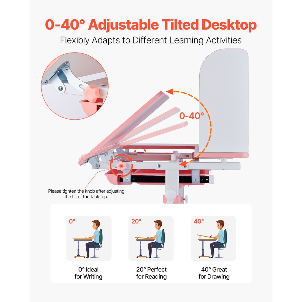 VEVOR Kids Study Chair and Desk Set, Study Desk and Chair for Kids with Bookshelf & Storage Drawer, Adjustable Height &
