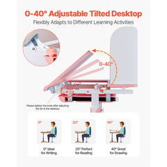 VEVOR Kids Study Chair and Desk Set, Study Desk and Chair for Kids with Bookshelf & Storage Drawer, Adjustable Height &