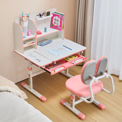 VEVOR Kids Study Chair and Desk Set, Study Desk and Chair for Kids with Bookshelf & Storage Drawer, Adjustable Height &