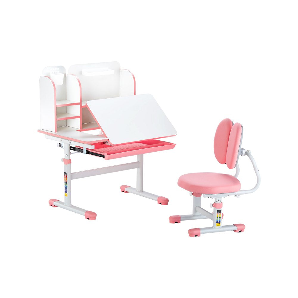 VEVOR Kids Study Chair and Desk Set, Study Desk and Chair for Kids with Bookshelf & Storage Drawer, Adjustable Height &
