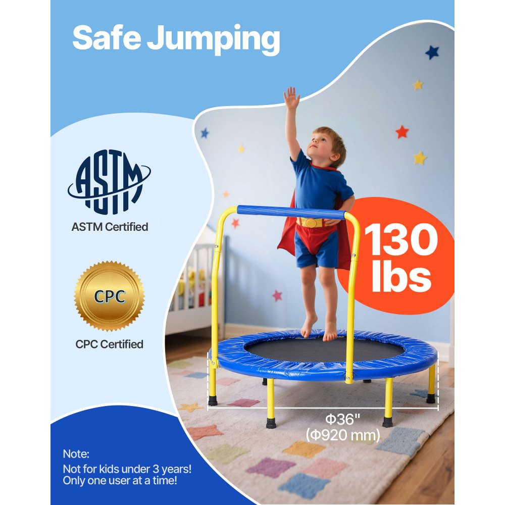 VEVOR 3FT Trampoline for Kids, 36" Trampolines Indoor/Outdoor Trampoline for Toddlers, Foldable Mini Baby Trampoline