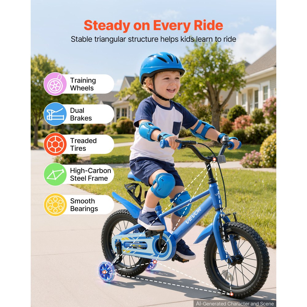 VEVOR Kids Bike, 14 Inch Children Bicycle, Training Wheels BMX Style Blue, for Boys Girls Ages 3-5, Adjustable Seat &