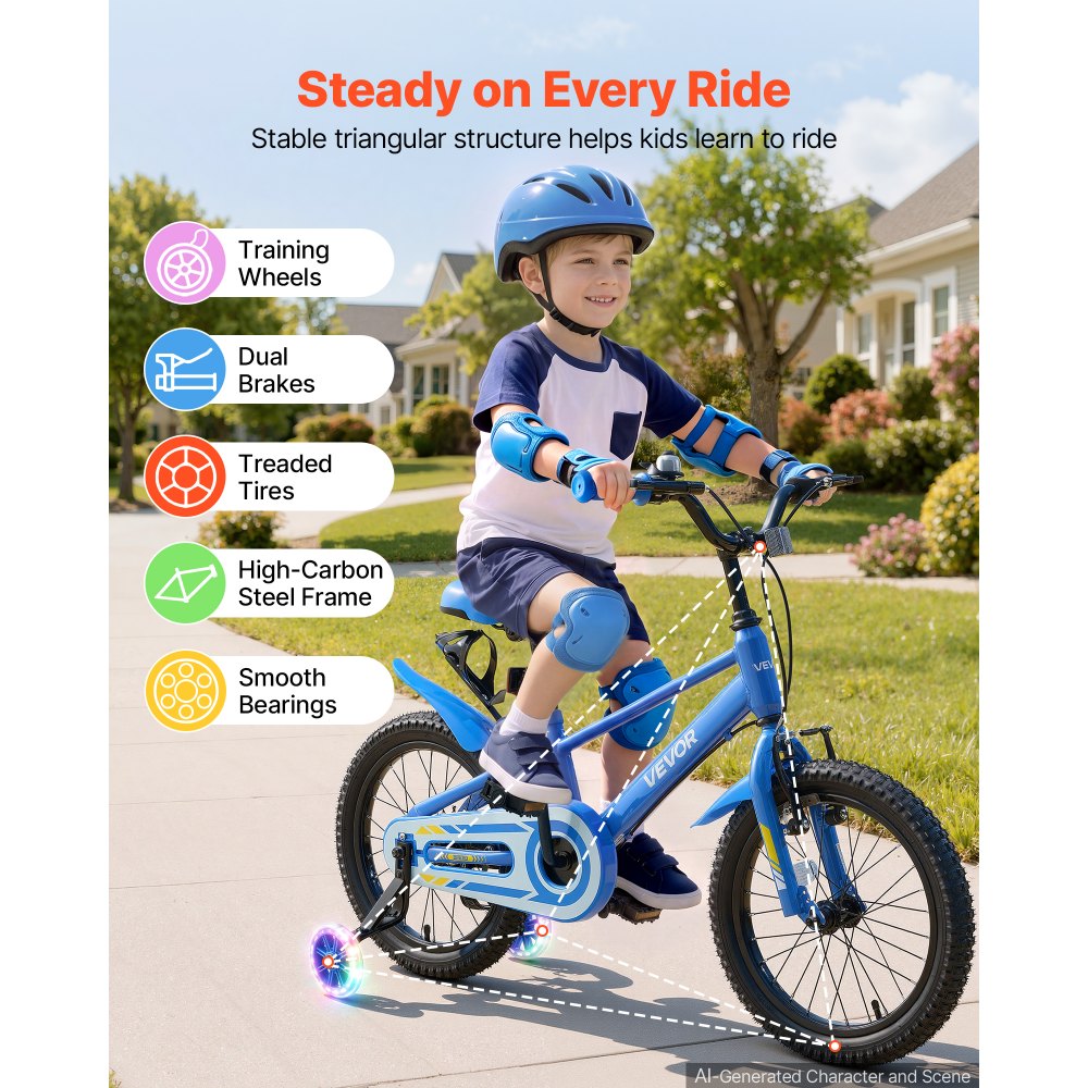 VEVOR Kids Bike, 16 Inch Children Bicycle, Training Wheels BMX Style Blue, for Boys Girls Ages 4-7, Adjustable Seat &