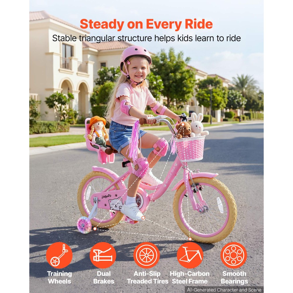 VEVOR Kids Bike, 16 Inch Children Bicycle, Training Wheels Princess Pink, for Girls Ages 4-7, Adjustable Seat, Front