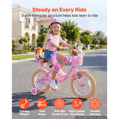VEVOR Kids Bike, 16 Inch Children Bicycle, Training Wheels Princess Pink, for Girls Ages 4-7, Adjustable Seat, Front