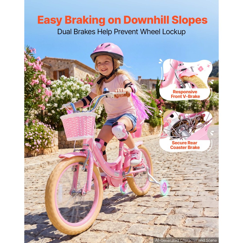 VEVOR Kids Bike, 16 Inch Children Bicycle, Training Wheels Princess Pink, for Girls Ages 4-7, Adjustable Seat, Front