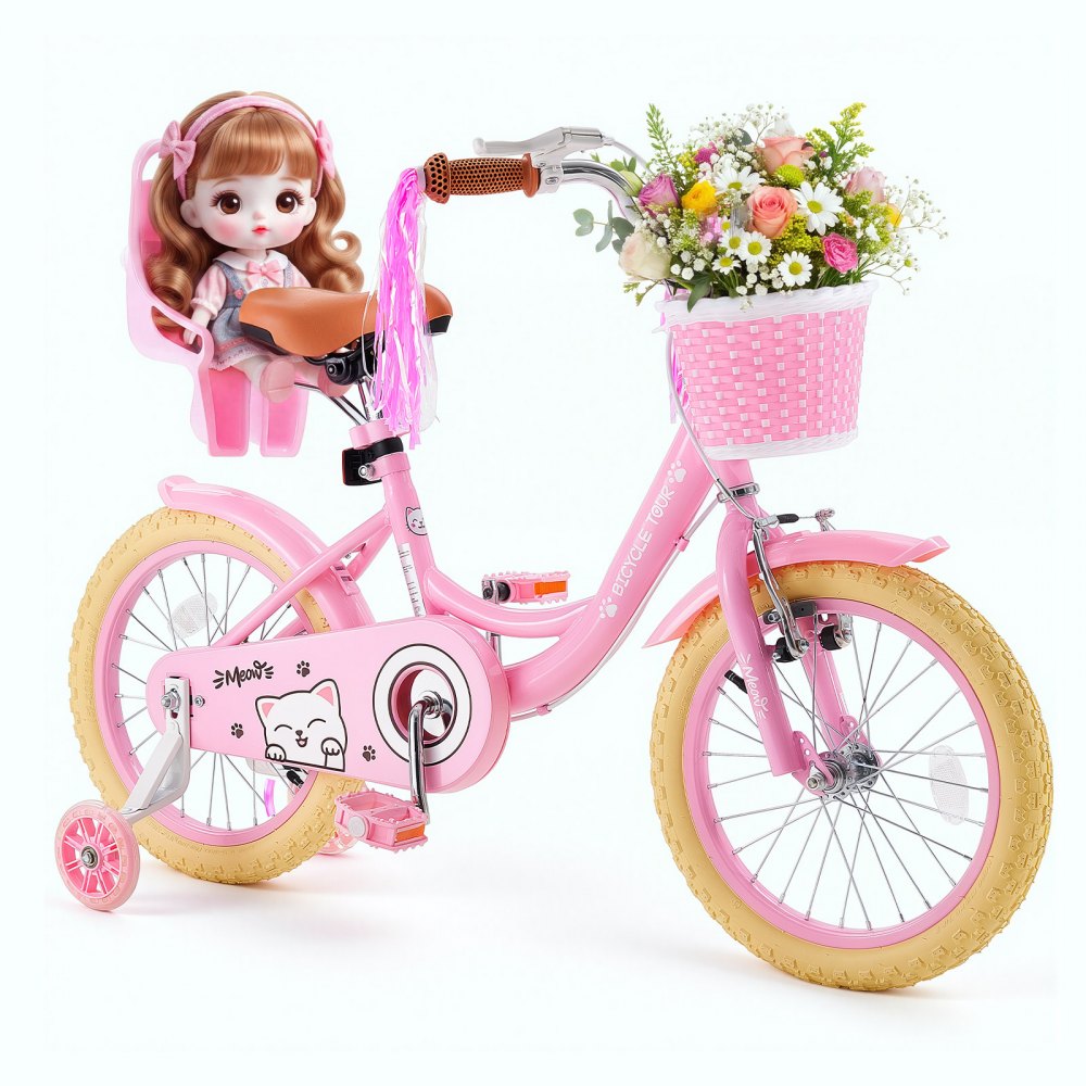 VEVOR Kids Bike, 16 Inch Children Bicycle, Training Wheels Princess Pink, for Girls Ages 4-7, Adjustable Seat, Front