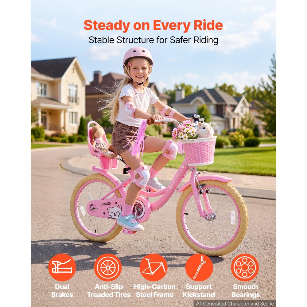 VEVOR Kids Bike, 18 Inch Children Bicycle, Kickstand Princess Style Pink, for Girls Ages 5-8, Adjustable Seat, Front