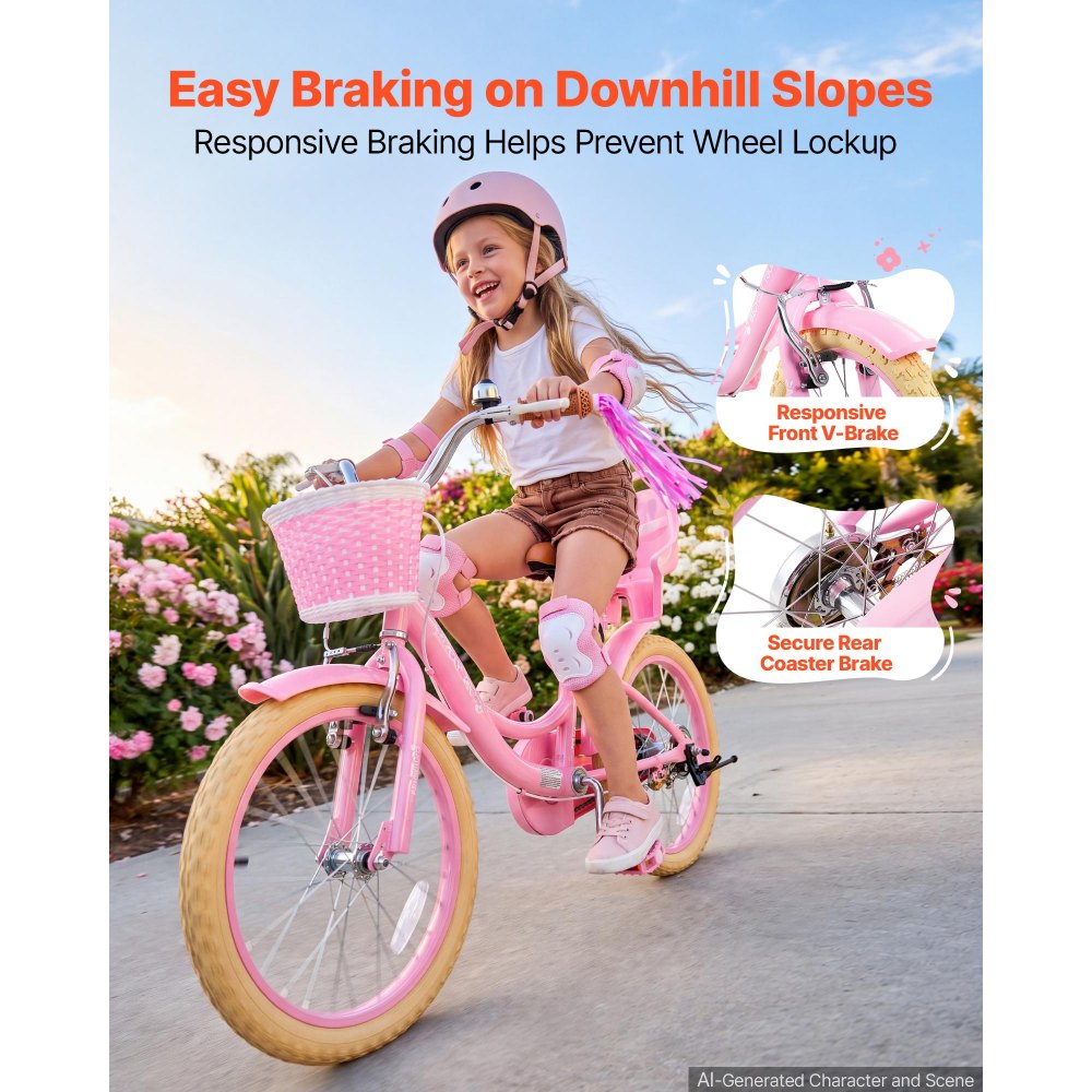 VEVOR Kids Bike, 18 Inch Children Bicycle, Kickstand Princess Style Pink, for Girls Ages 5-8, Adjustable Seat, Front