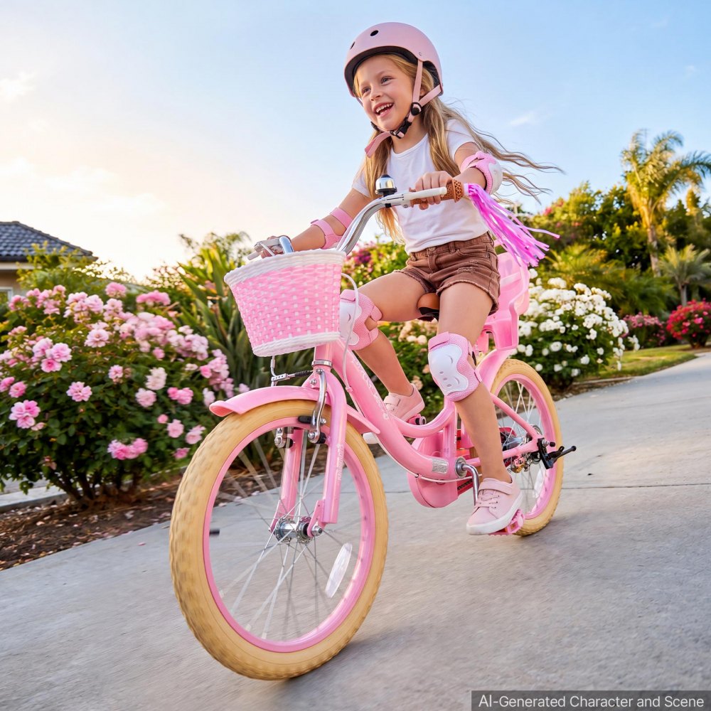 VEVOR Kids Bike, 18 Inch Children Bicycle, Kickstand Princess Style Pink, for Girls Ages 5-8, Adjustable Seat, Front