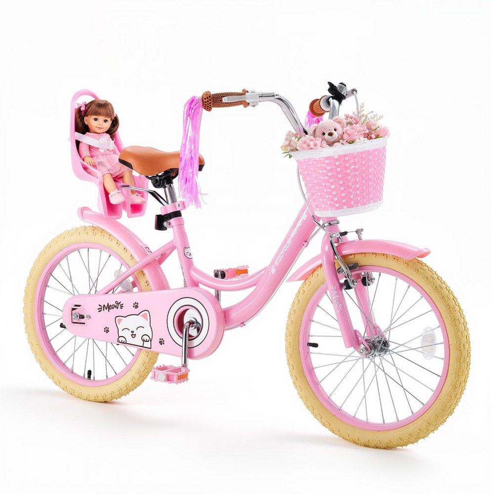 VEVOR Kids Bike, 18 Inch Children Bicycle, Kickstand Princess Style Pink, for Girls Ages 5-8, Adjustable Seat, Front