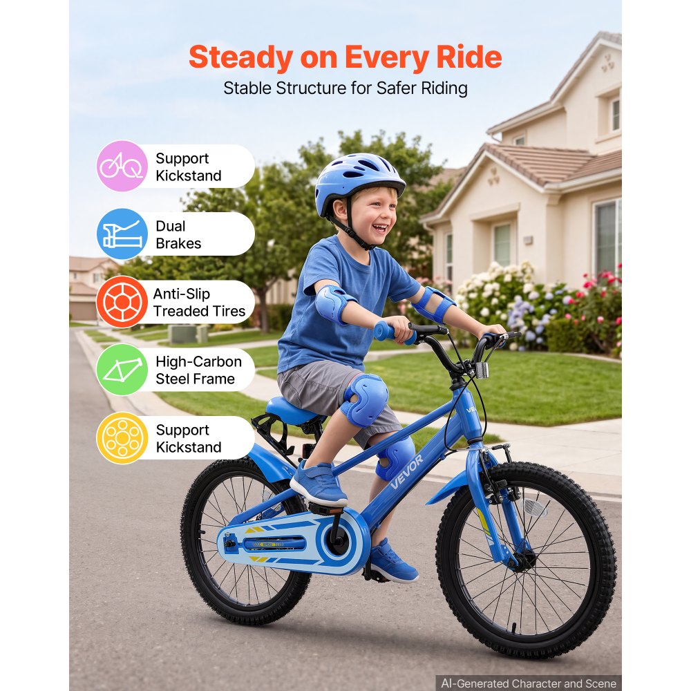 VEVOR Kids Bike, 18 in Children Bicycle, with Kickstand BMX Style Blue, for Boys Girls Ages 5-8, Adjustable Seat &