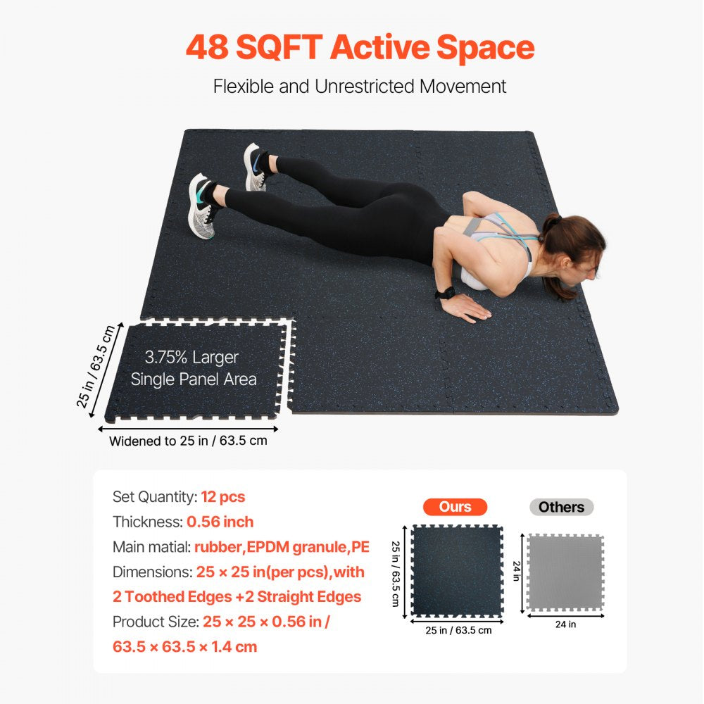 VEVOR 0.56 Inch Thick Gym Floor Mats, 12 Tiles Rubber Top with EVA Foam, 25" x 25" Gym Flooring Workout Mats with 48
