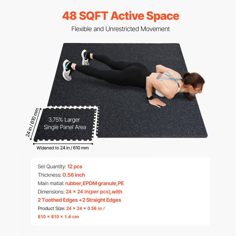 VEVOR 0.56 Inch Thick Gym Floor Mats, 12 Tiles Rubber Top with EVA Foam, 25" x 25" Gym Flooring Workout Mats with 48