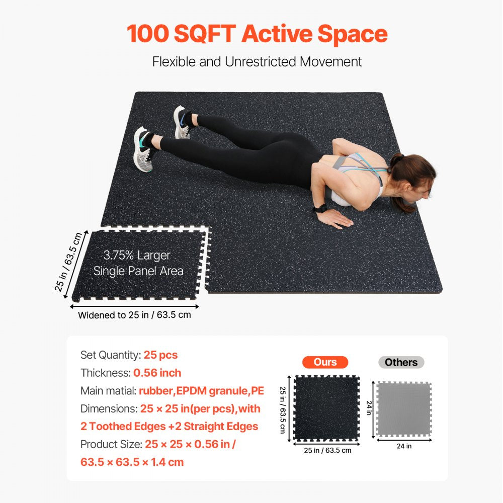 VEVOR 0.56 Inch Thick Gym Floor Mats, 25 Tiles Rubber Top with EVA Foam, 25" x 25" Gym Flooring Workout Mats with
