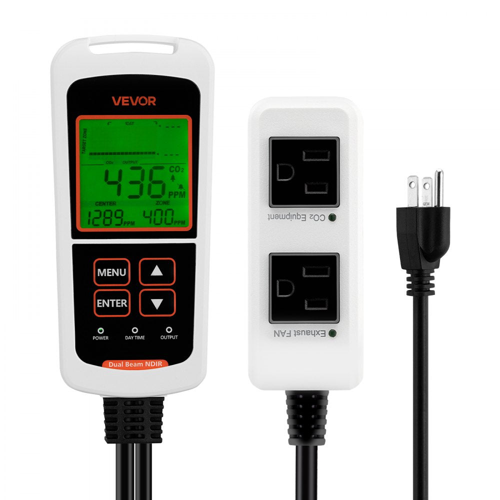 VEVOR Carbon Dioxide Monitoring Controller, Dual Outlets CO2 Monitor & Controller, Carbon Dioxide Sensor Day and Night
