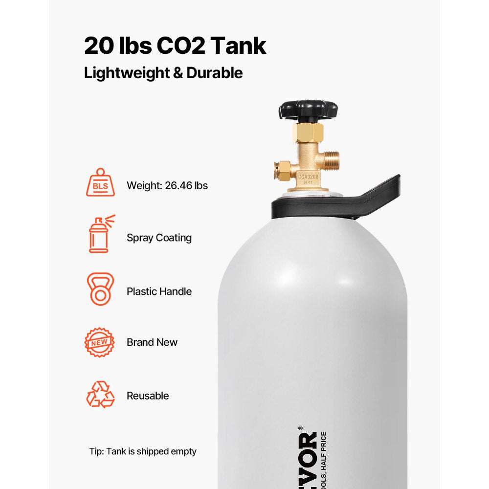 VEVOR CO2 Tank, 20 lbs New Aluminum Alloy Cylinder, CO2 Air Tank with Spray Coating, CGA320 Valve, Handle & Adjustable