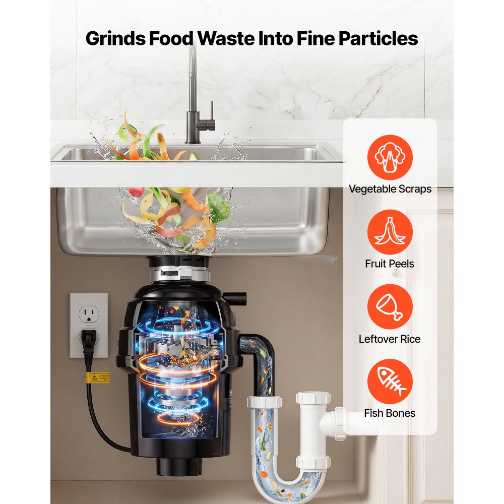 VEVOR Food Waste Garbage Disposal, 1HP 3500RPM DC Motor, Continuous Feed Kitchen Sink Garbage Disposer, EZ Connect Food
