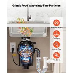 VEVOR Food Waste Garbage Disposal, 1HP 3500RPM DC Motor, Continuous Feed Kitchen Sink Garbage Disposer, EZ Connect Food