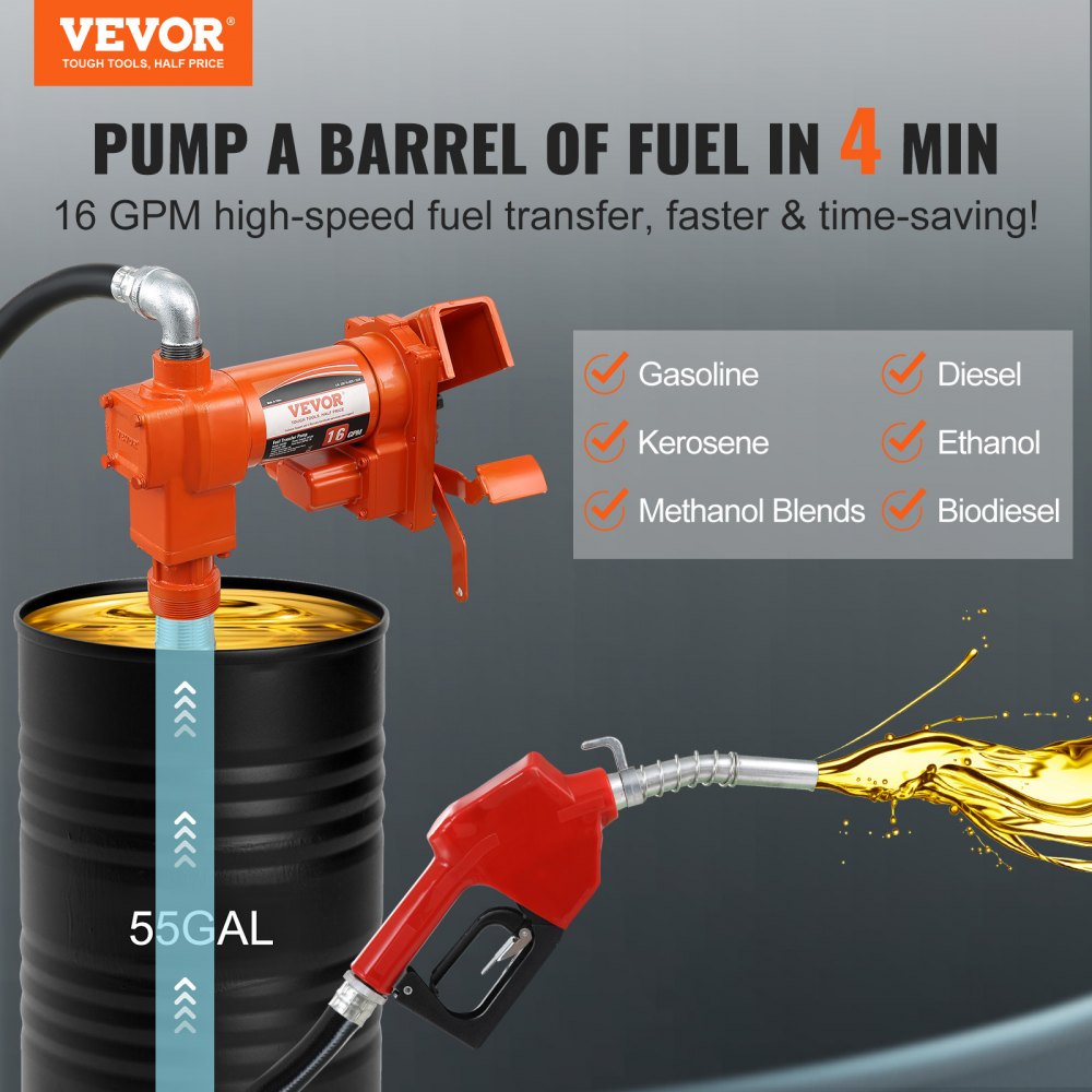 VEVOR Fuel Transfer Pump, 12V DC 16 GPM 1/4 HP, Gasoline Extractor Pump with Automatic Nozzle, Discharge Hose & Suction