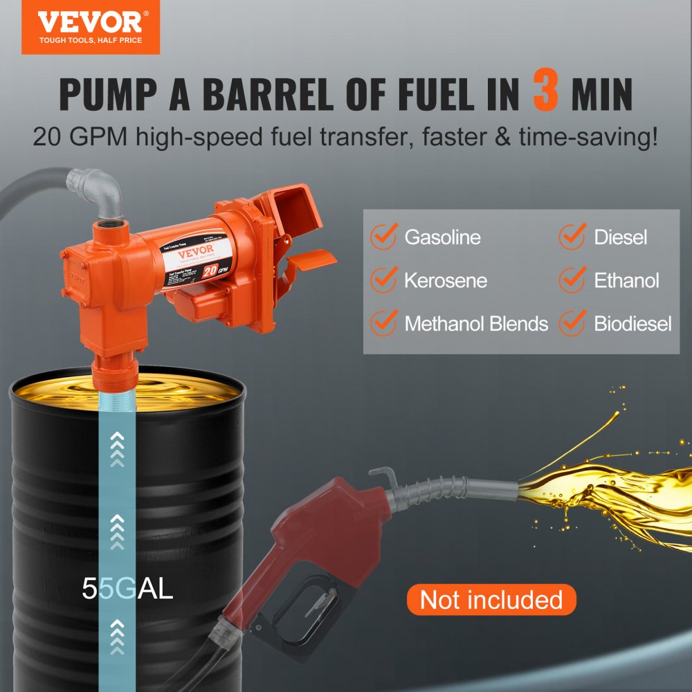 VEVOR Fuel Transfer Pump, 12V DC 20 GPM 1/4 HP, High Flow Cast Iron Gasoline Extractor Pump with Fuel Collection Box