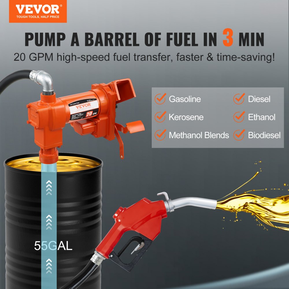 VEVOR Fuel Transfer Pump, 12V DC 20 GPM 1/4 HP, Gasoline Extractor Pump with Automatic Nozzle, Discharge Hose & Suction