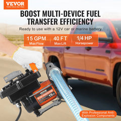 VEVOR Fuel Transfer Pump, 12V DC 15 GPM 1/4 HP, Portable Electric Diesel Transfer Pump with Auto Shut-Off Fuel Nozzle