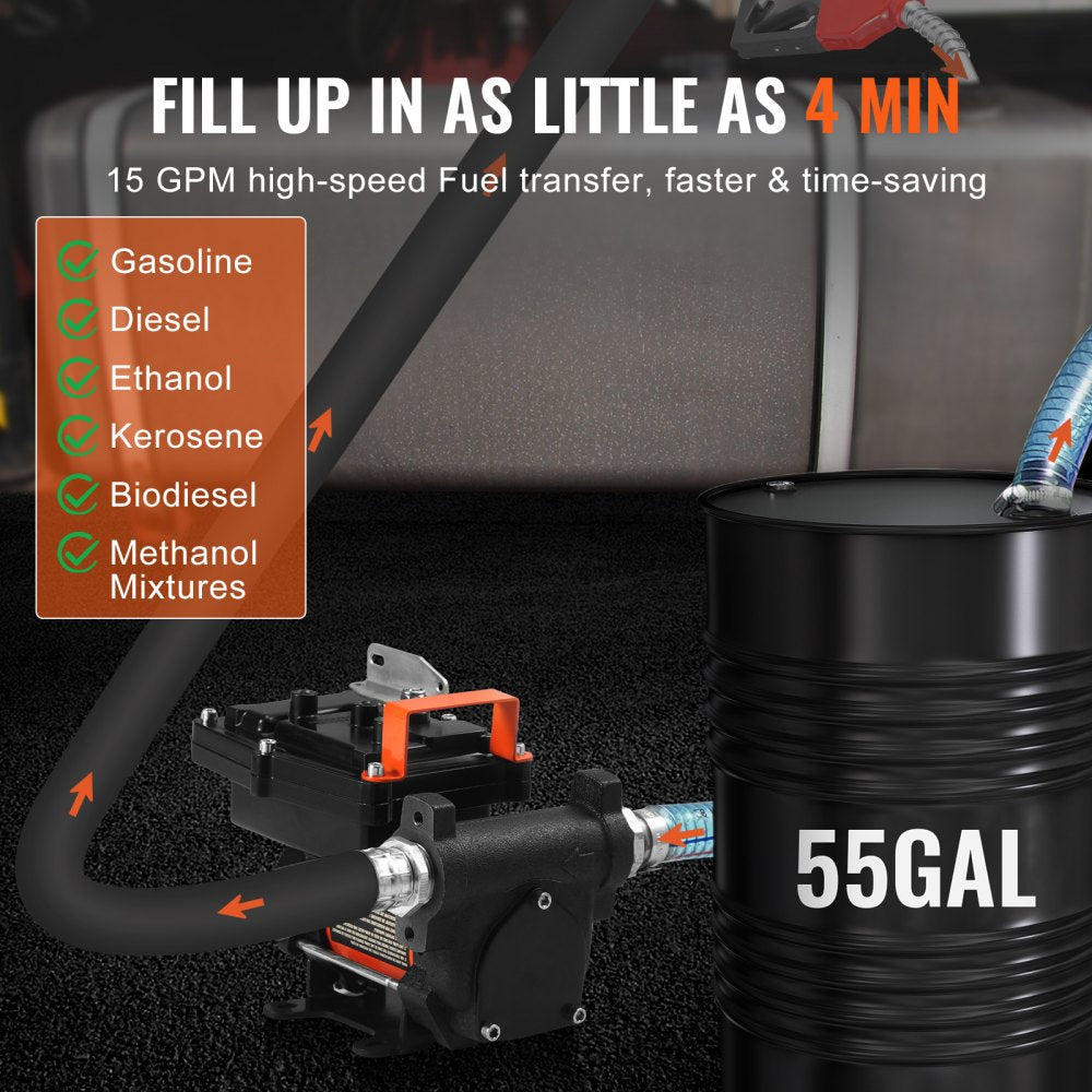 VEVOR Fuel Transfer Pump, 12V DC 15 GPM 1/4 HP, Portable Electric Diesel Transfer Pump with Auto Shut-Off Fuel Nozzle